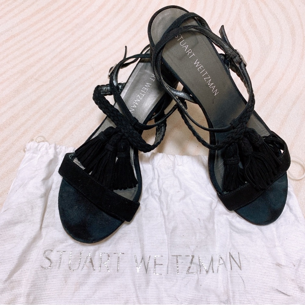 Stuart Weizman Black Velvet Tassels Sandals US 7 1/2 M